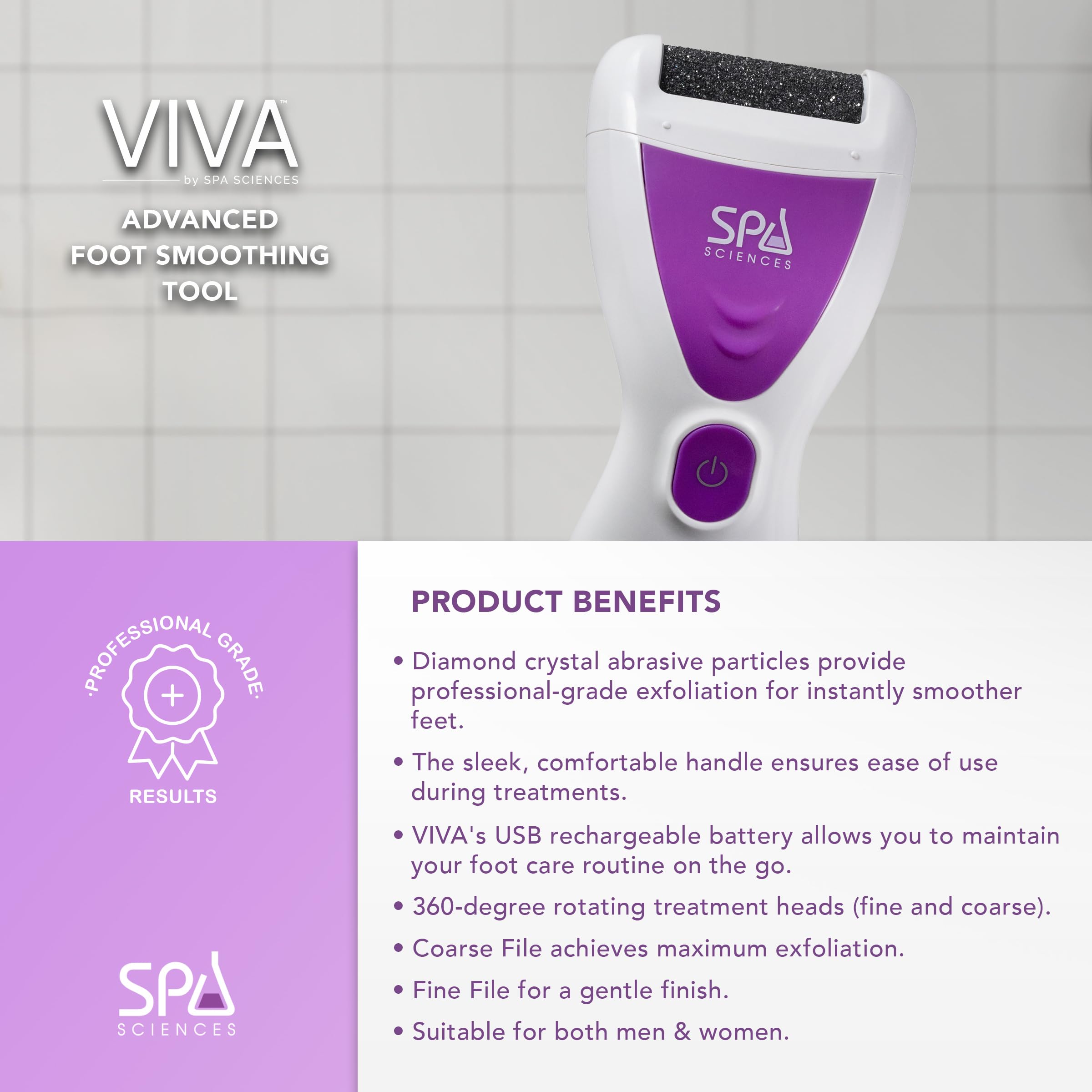 Spa Sciences VIVA Most Powerful Pedicure Tool Available-Professional Electronic Foot Smoothing Pedi Tool for Removing Hard, Dry, Cracked Skin/Calluses on Feet, Rechargeable-2 Treatment Heads Included